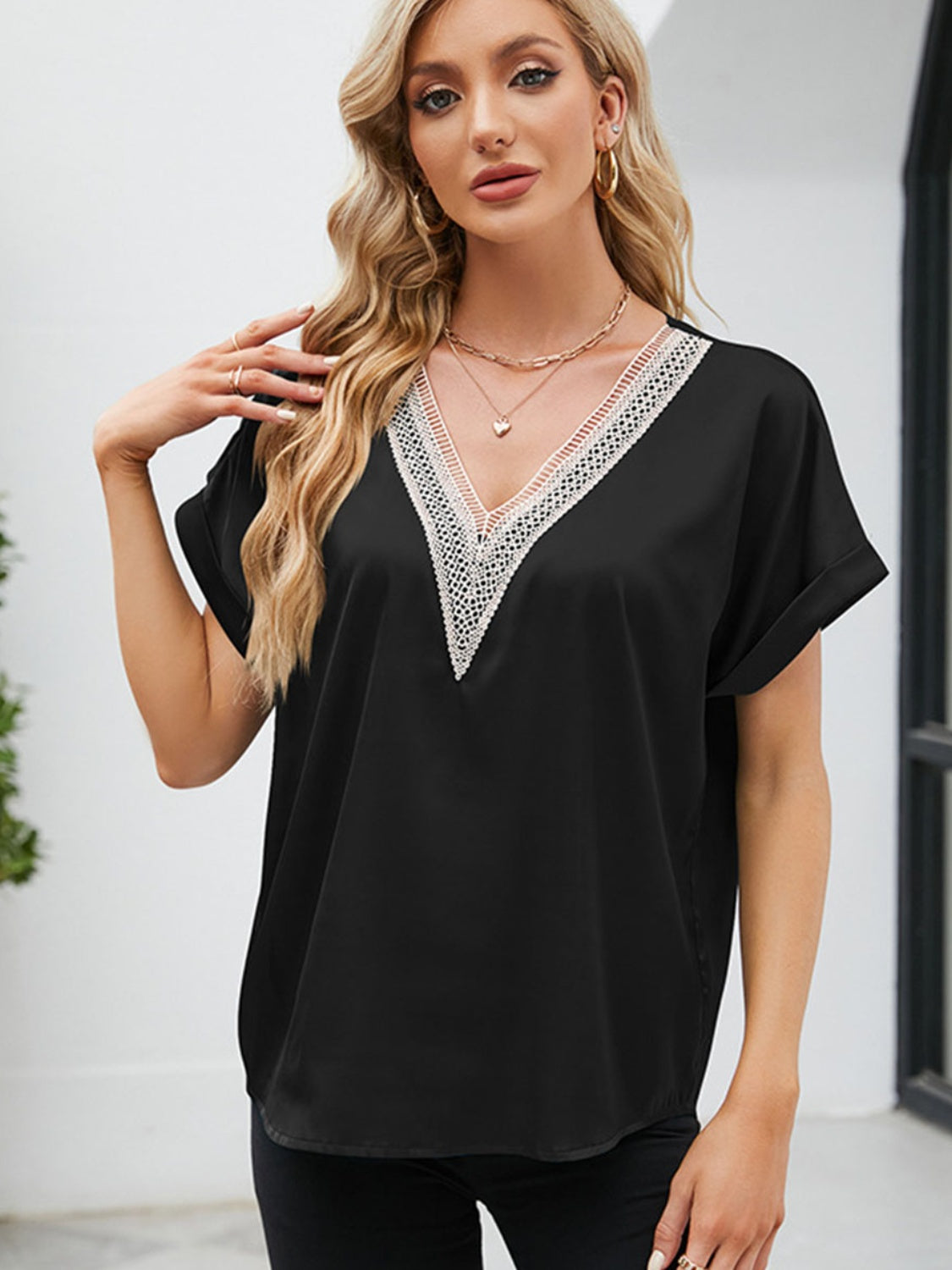 V-Neck Short Sleeve Blouse 