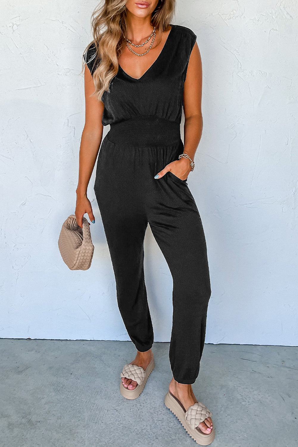 V-Neck Wide Strap Pocketed Jumpsuit - Babbazon jumpsuit