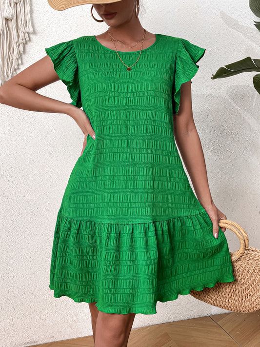 Textured Round Neck Ruffle Hem Dress 