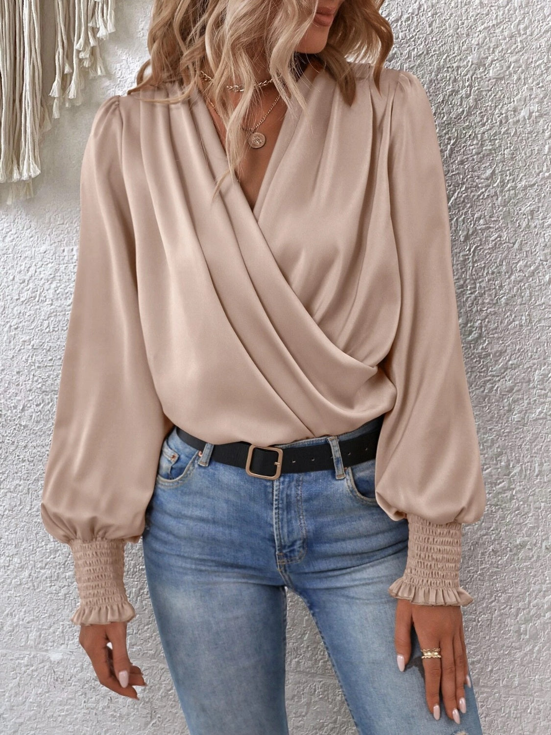 Surplice Smocked Lantern Sleeve Blouse 