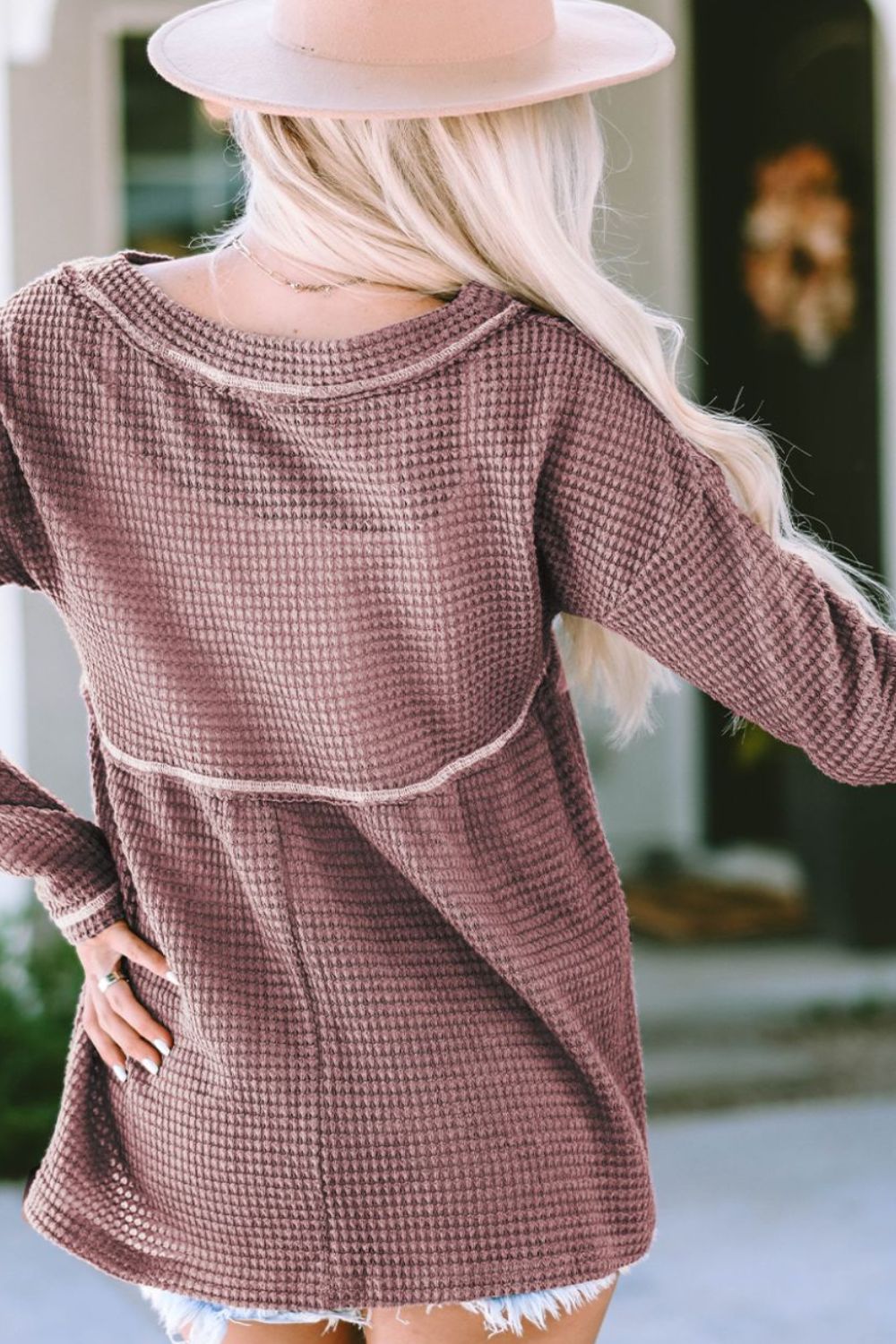 V-Neck Dropped Shoulder Long Sleeve T-Shirt 