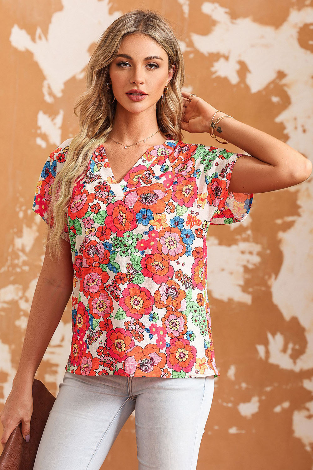 Printed Notched Short Sleeve Blouse - Babbazon Camisole