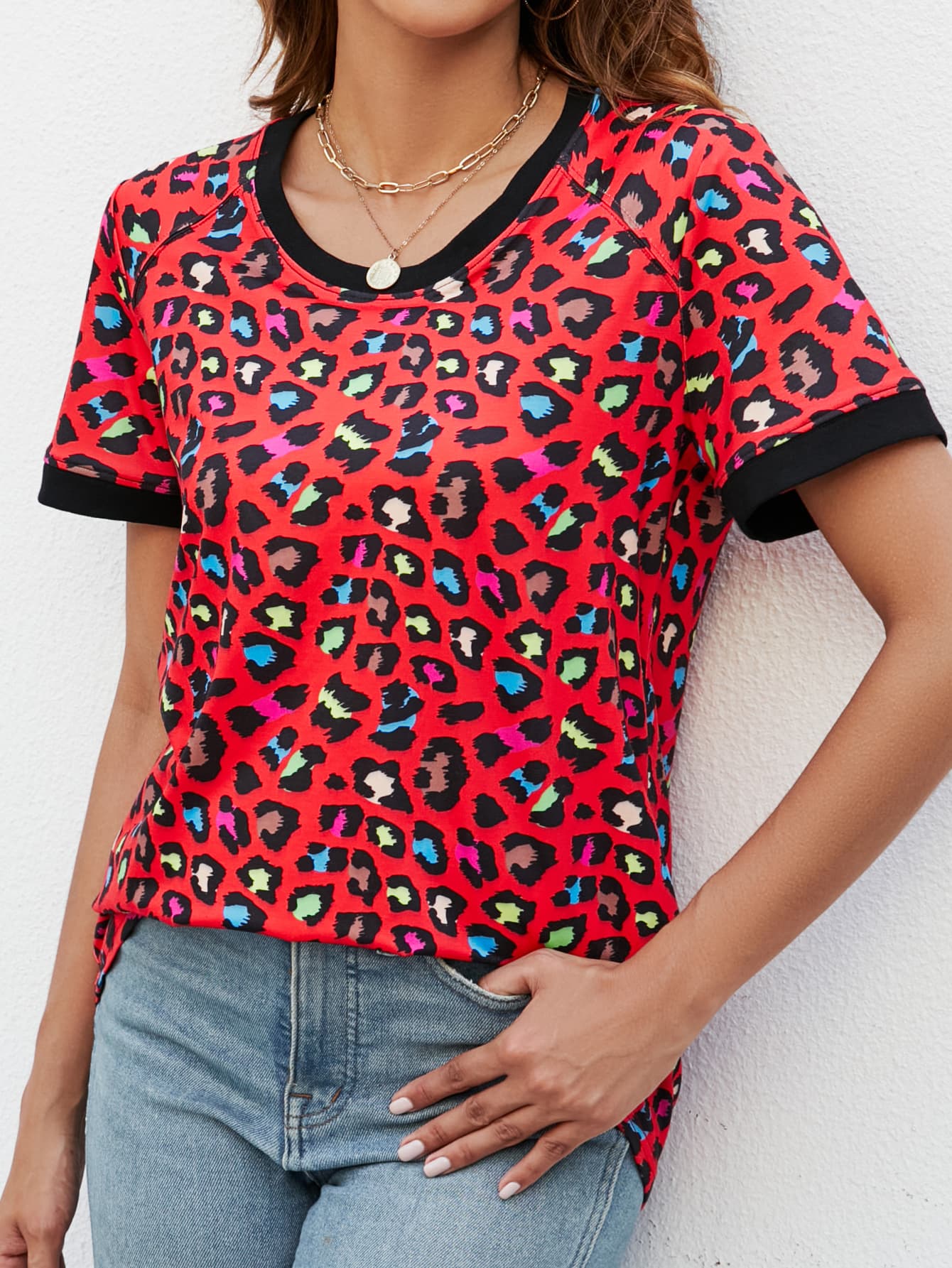 Leopard Round Neck Short Sleeve Tee Shirt 