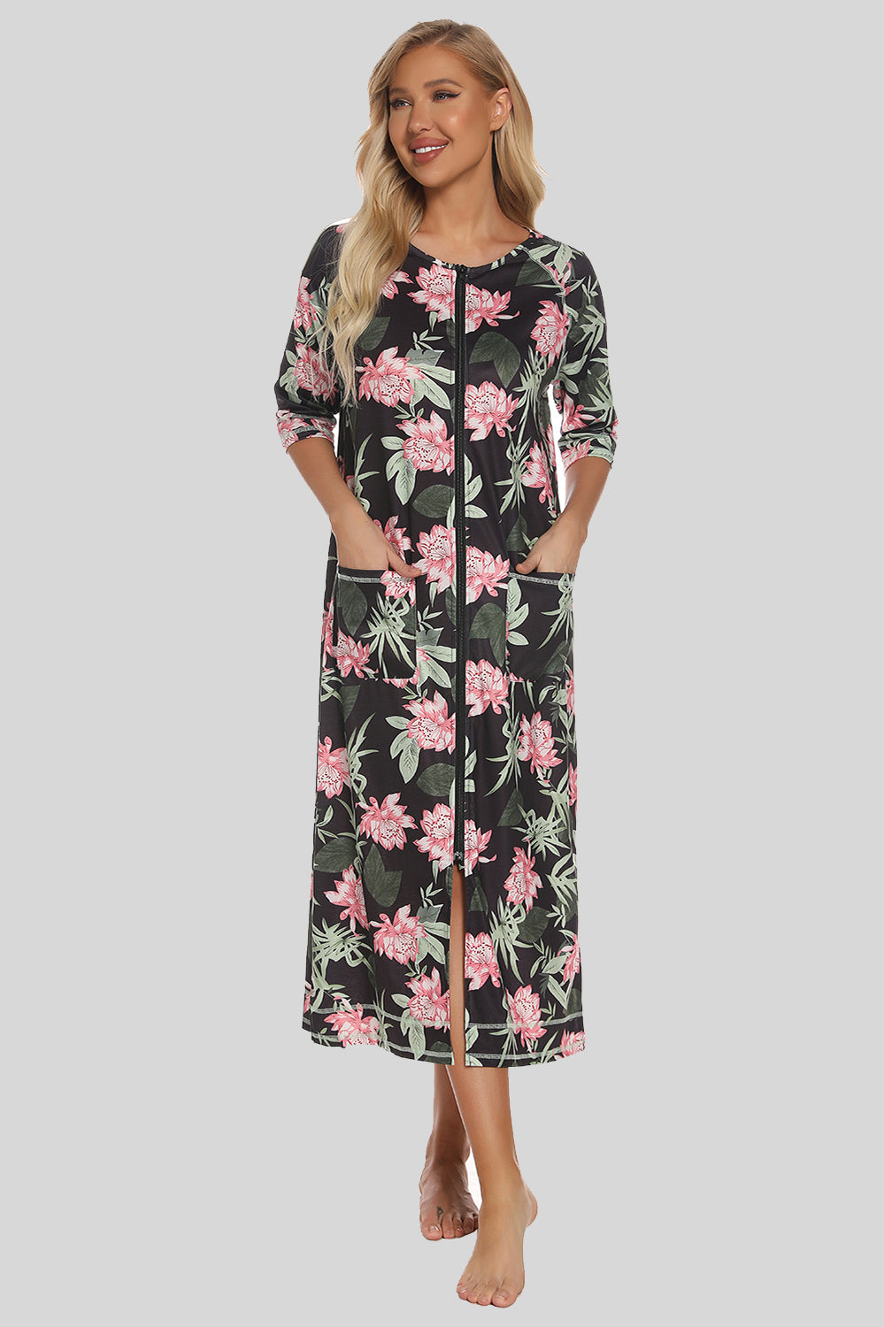 Printed Slit Night Dress with Pockets 