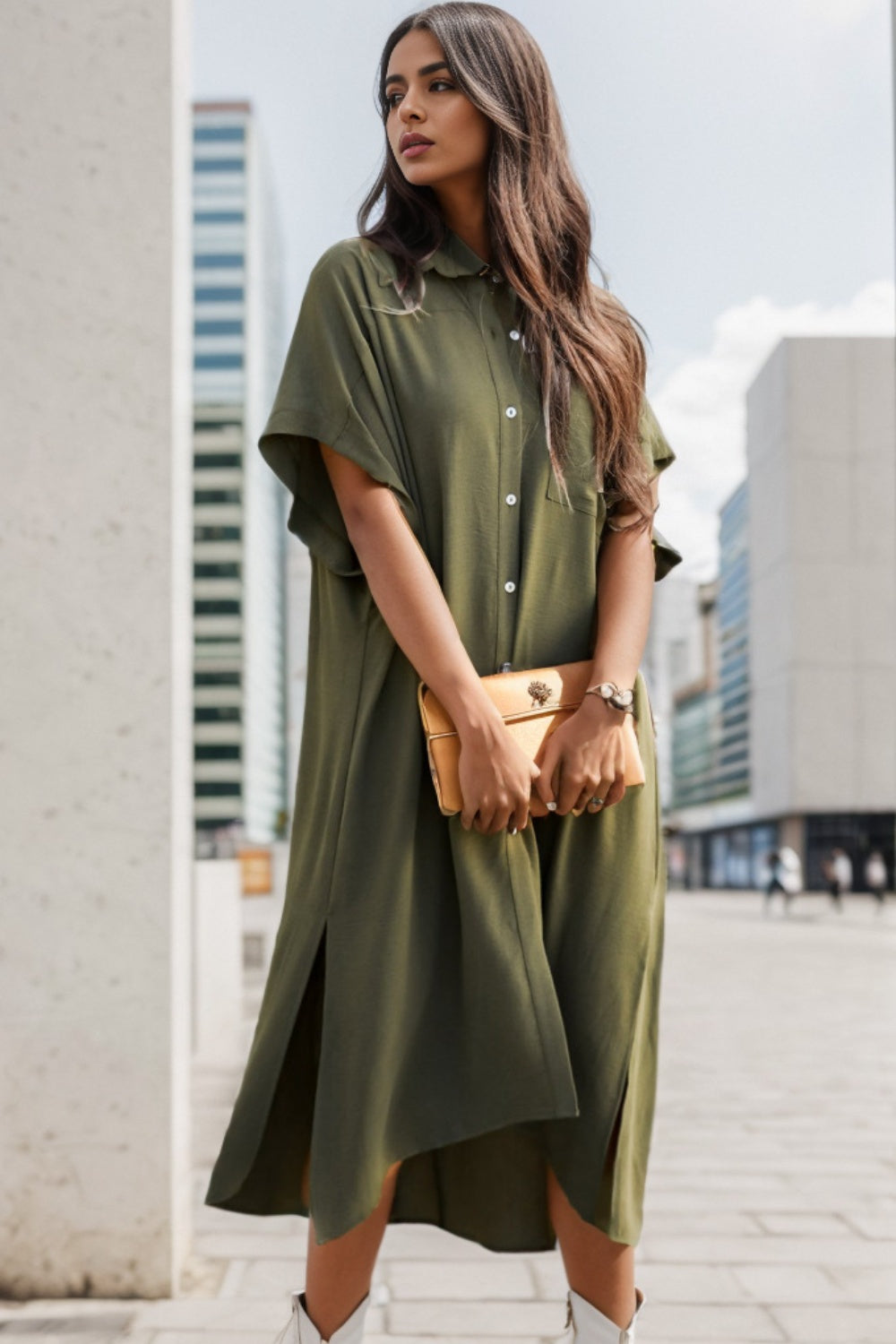 Slit Button Up Half Sleeve Dress 