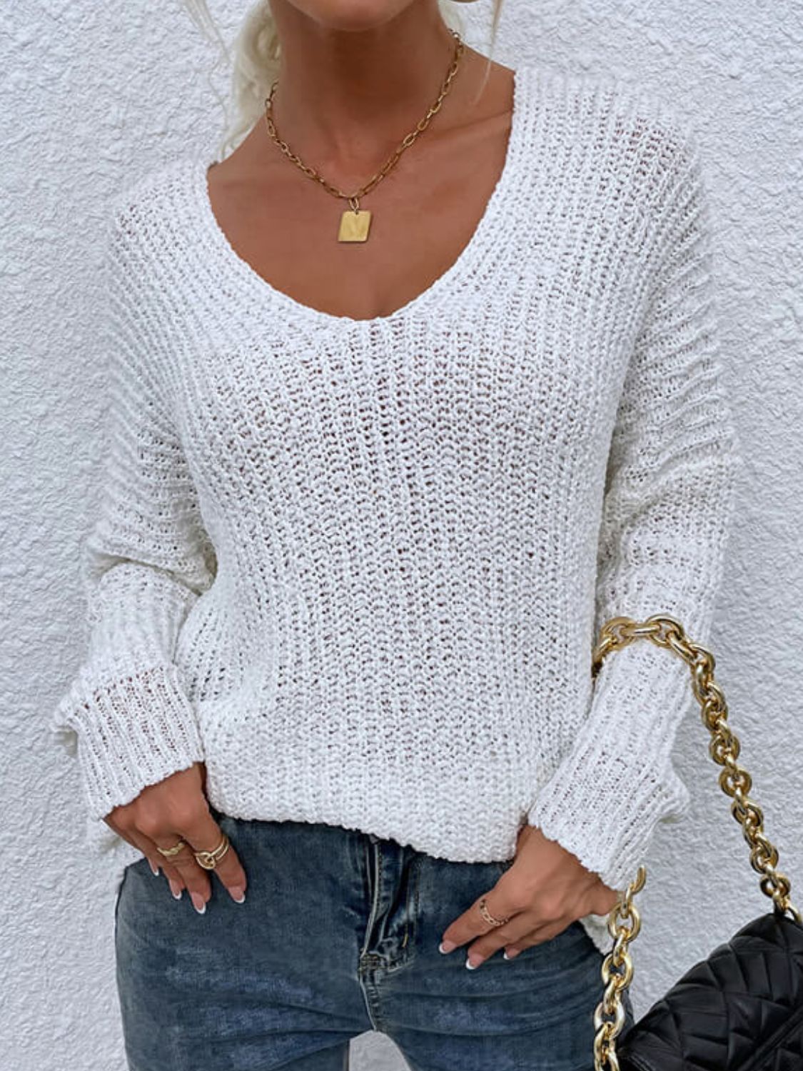 Rib-Knit V-Neck Tunic Sweater 