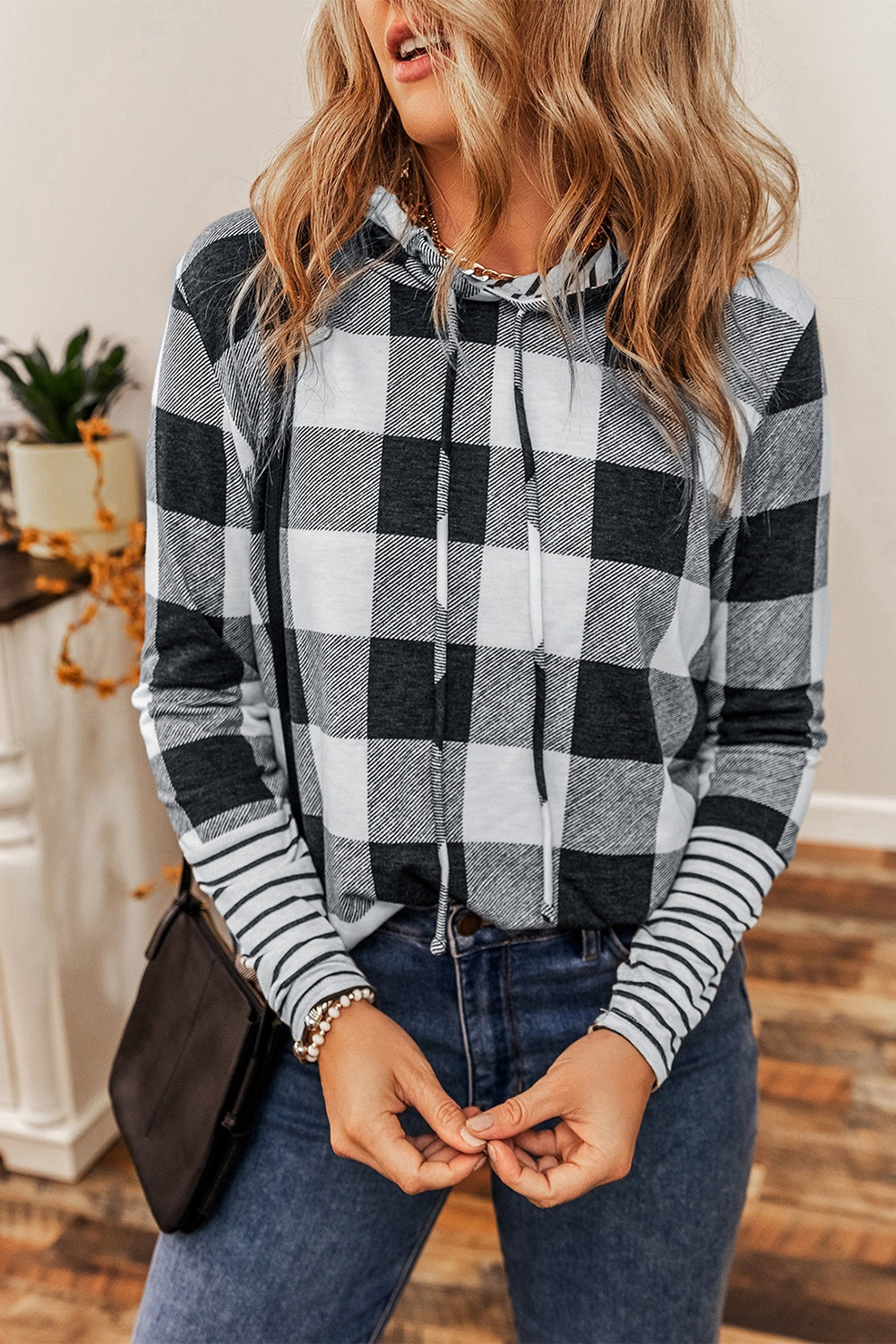 Plaid Drawstring Long Sleeve Hoodie 