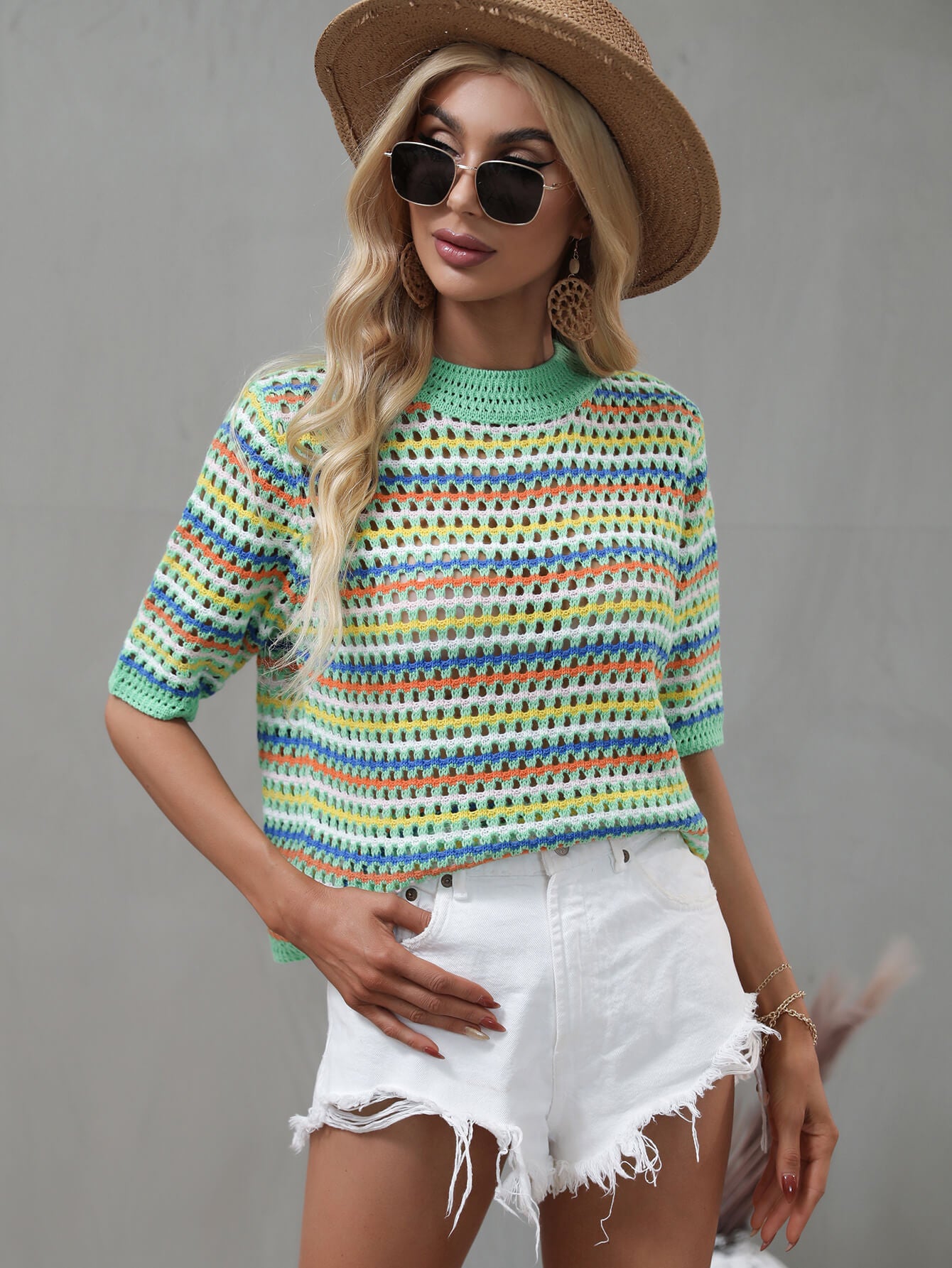 Striped Openwork Half Sleeve Knit Top - Babbazon Tops