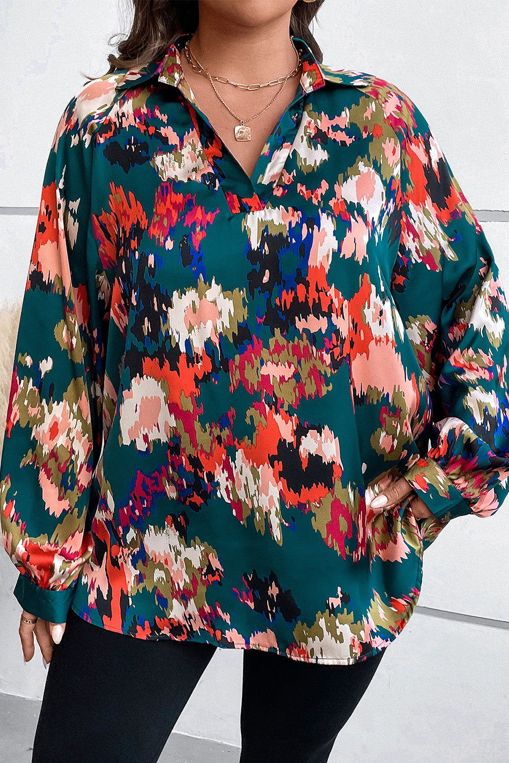 Plus Size Printed Johnny Collar Long Sleeve Blouse - Babbazon Camisole