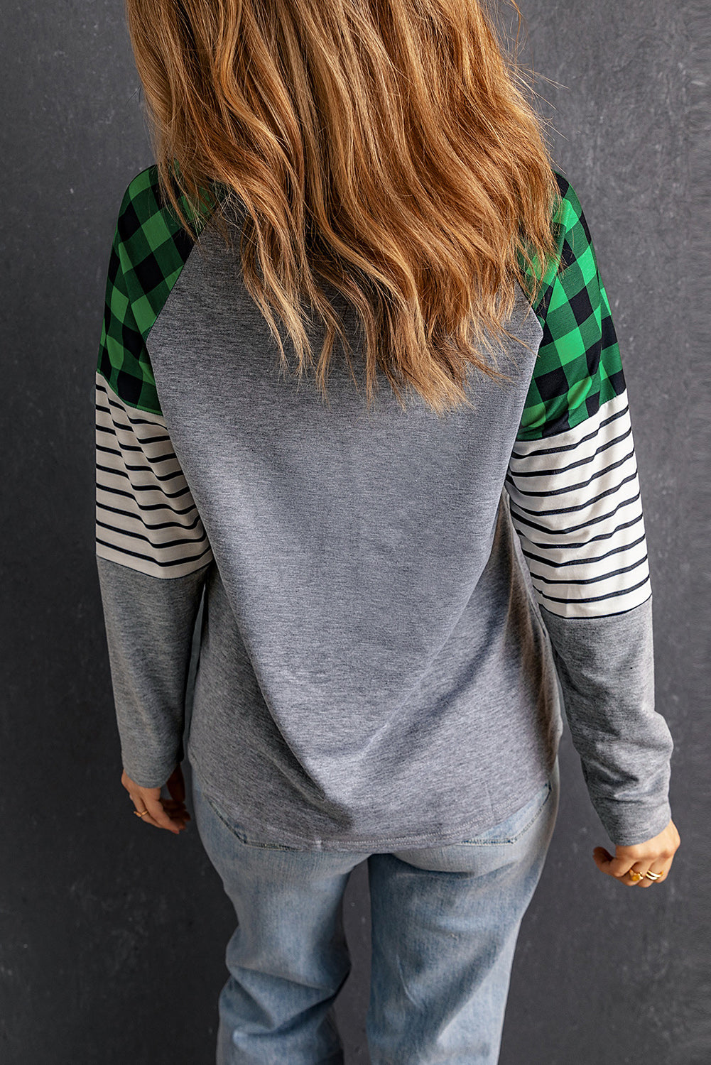 Striped Plaid Round Neck Long Sleeve T-Shirt 