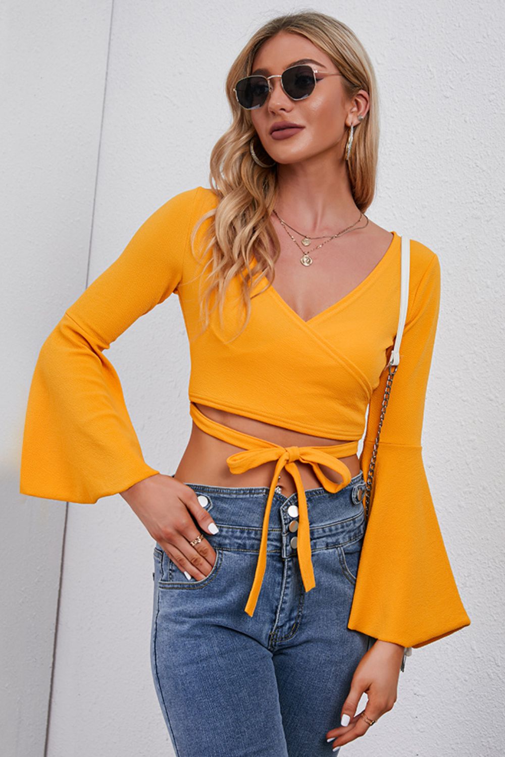 Tie Front Flare Sleeve Cropped Top 