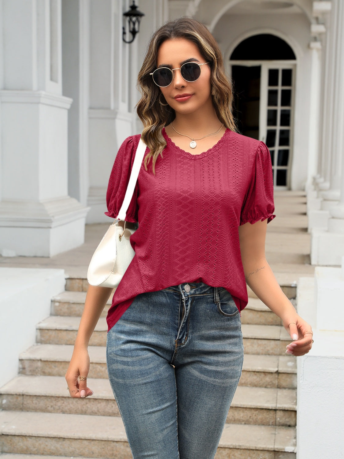 Eyelet Round Neck Short Sleeve Blouse 