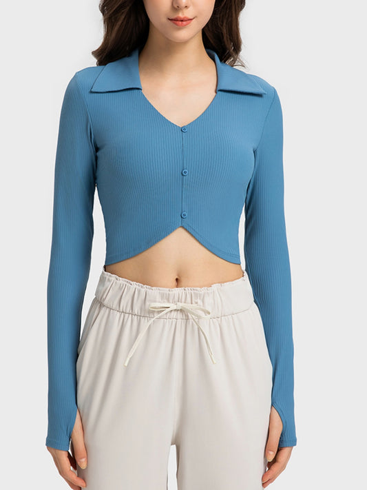 Johnny Collar Long Sleeve Sports Top - Babbazon Tops