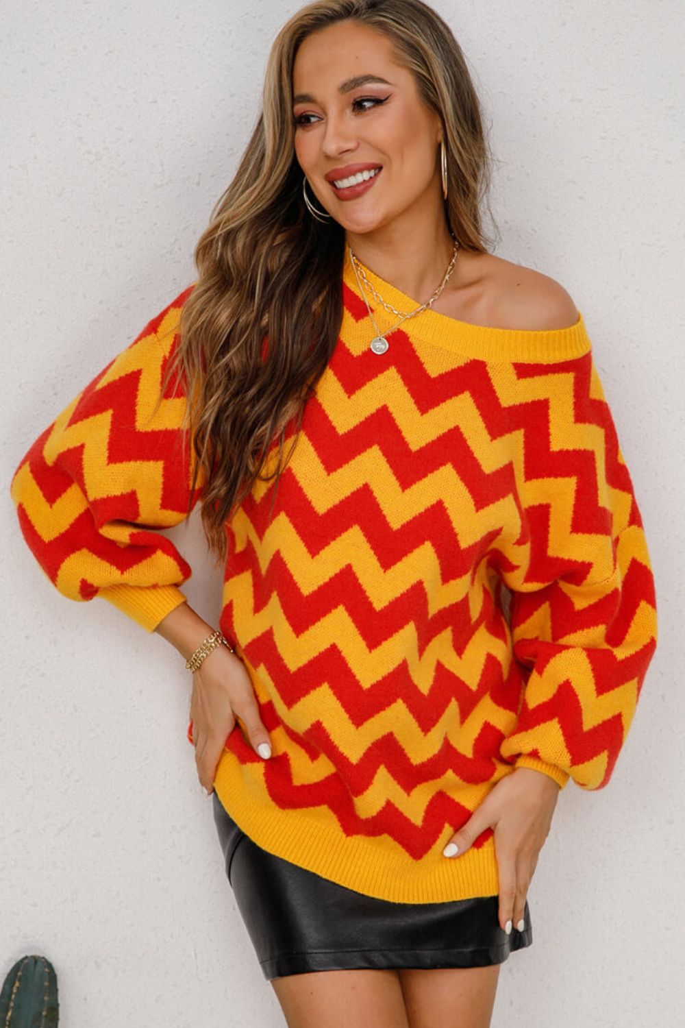 Chevron Lantern Sleeve Tunic Sweater 