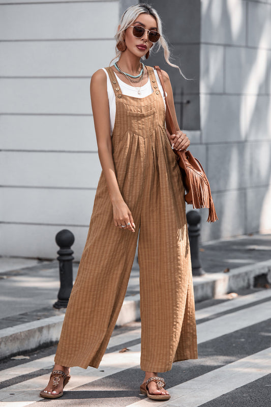 Texture Buttoned Wide Leg Overalls - Babbazon jumpsuit