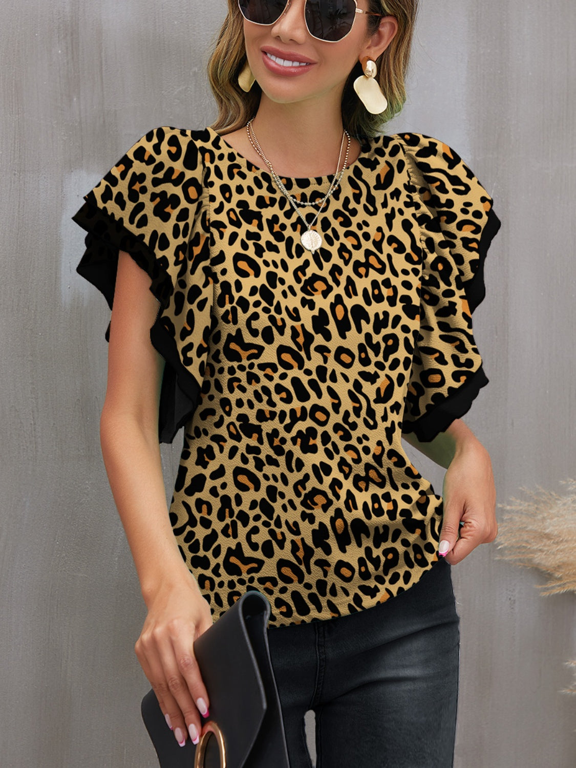 Leopard Round Neck Flounce Sleeve Blouse 