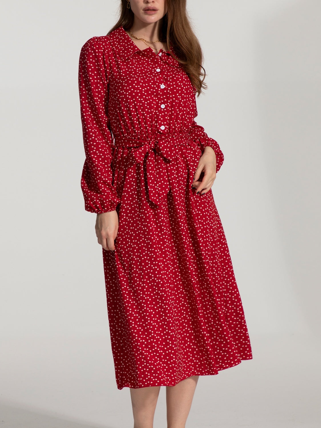 Tied Printed Button Up Balloon Sleeve Dress 