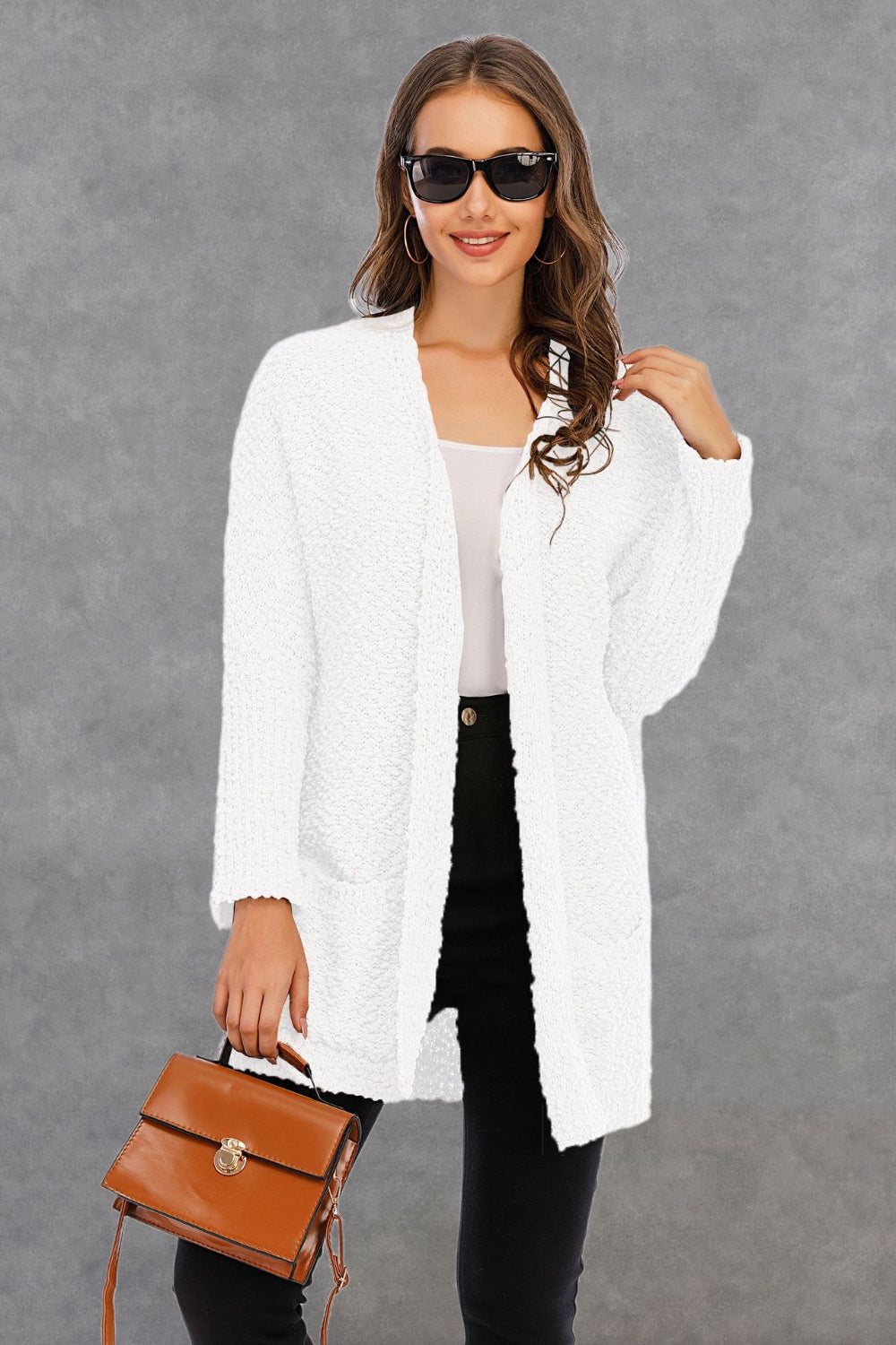 Pocketed Open Front Long Sleeve Cardigan 