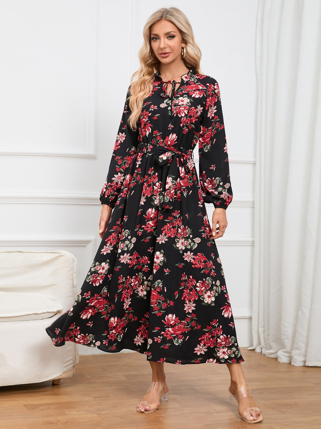 Floral Tie Front Balloon Sleeve Dress 