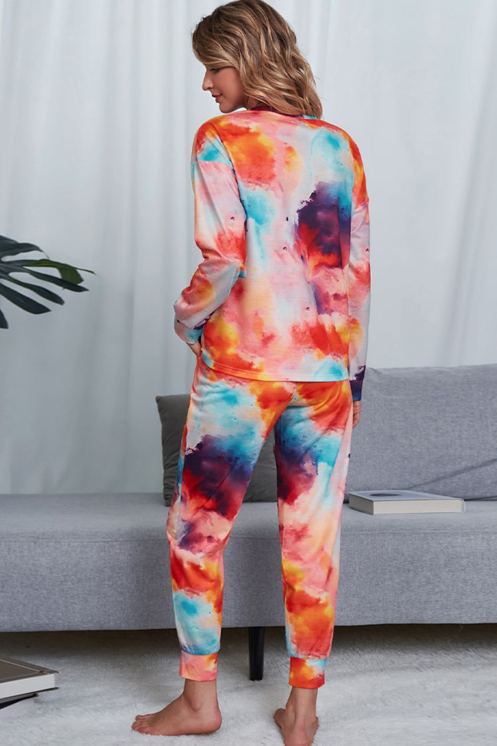 Tie-Dye Crewneck Top and Drawstring Waist Joggers Lounge Set 