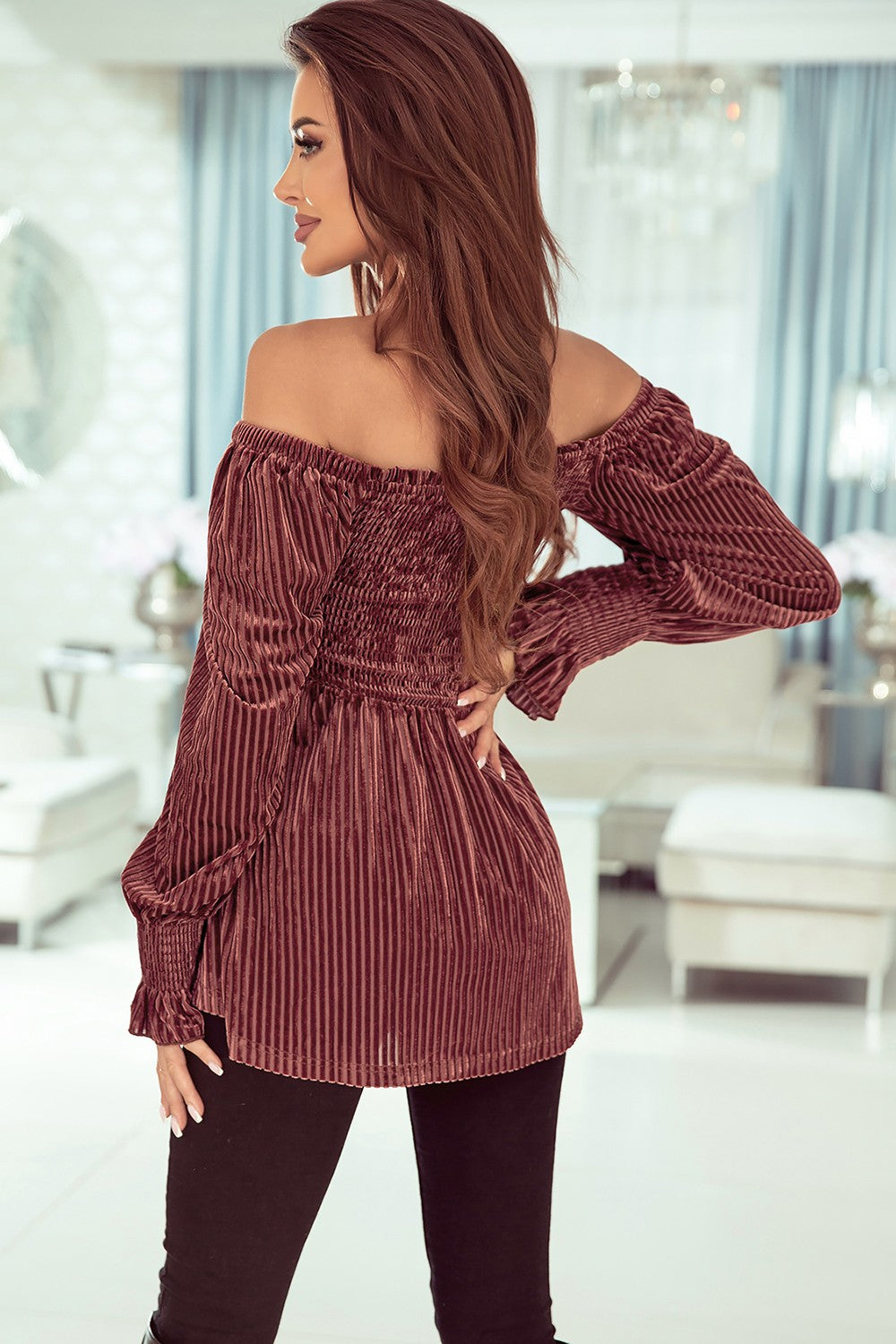 Smocked Ribbed Velvet Babydoll Top 