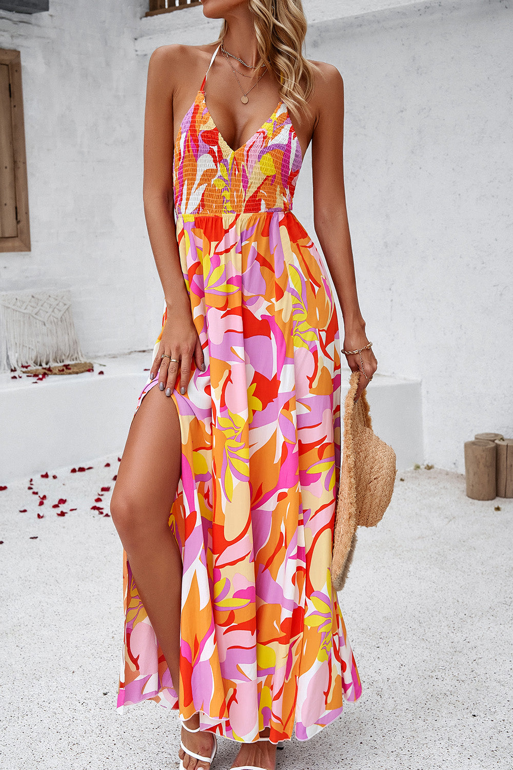 Smocked Slit Tied Printed Dress 