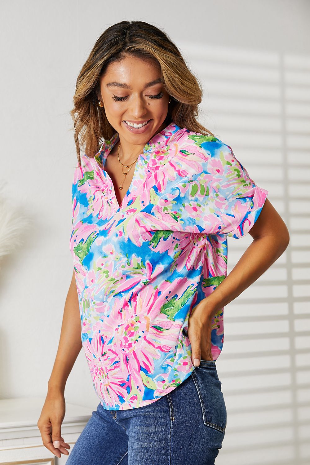 Double Take Floral Notched Neck Short Sleeve Top 