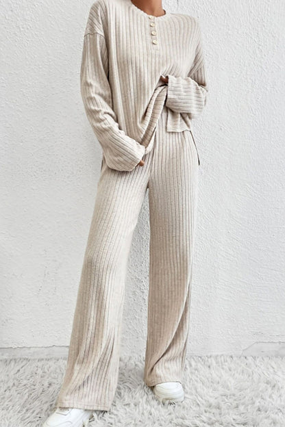 Ribbed Half Button Knit Top and Pants Set 