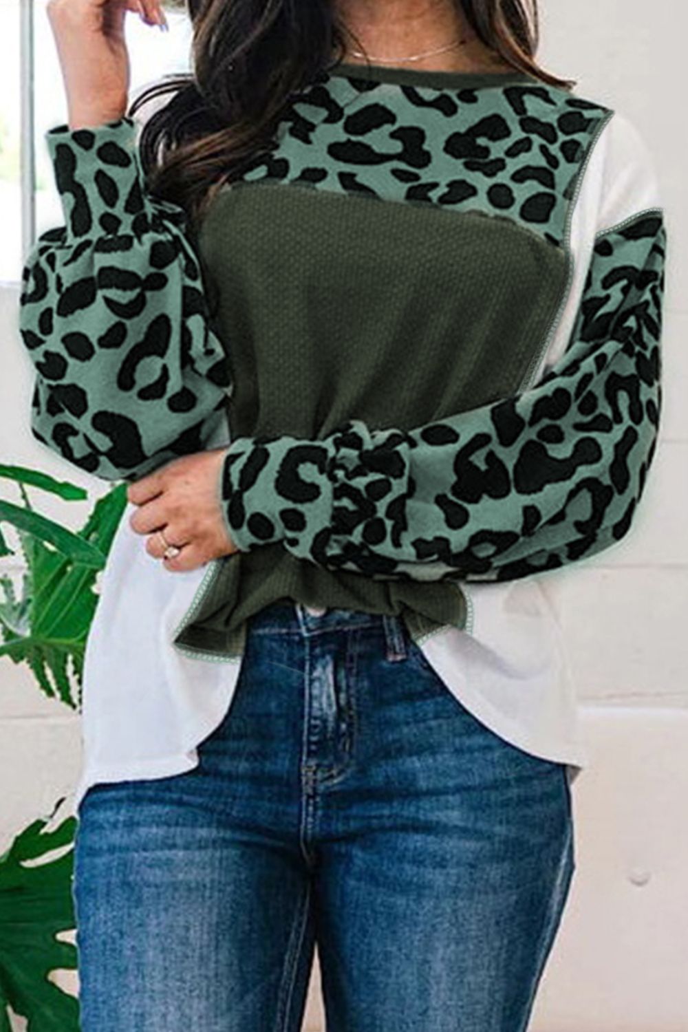 Leopard Color Block Exposed Seam Blouse 