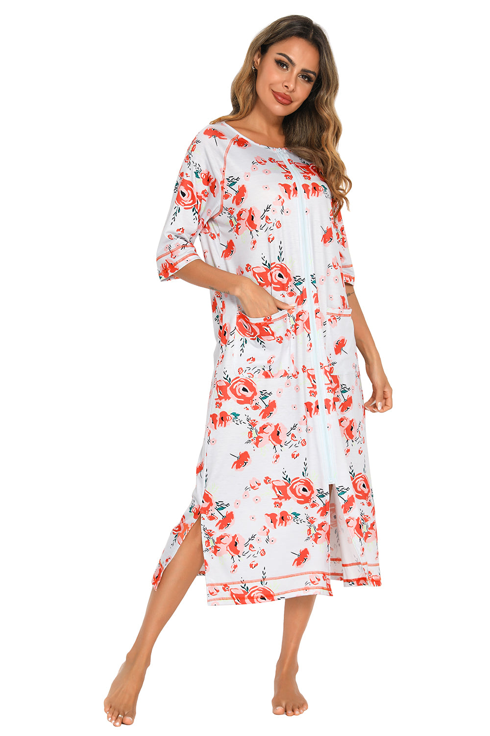 Printed Slit Night Dress with Pockets 