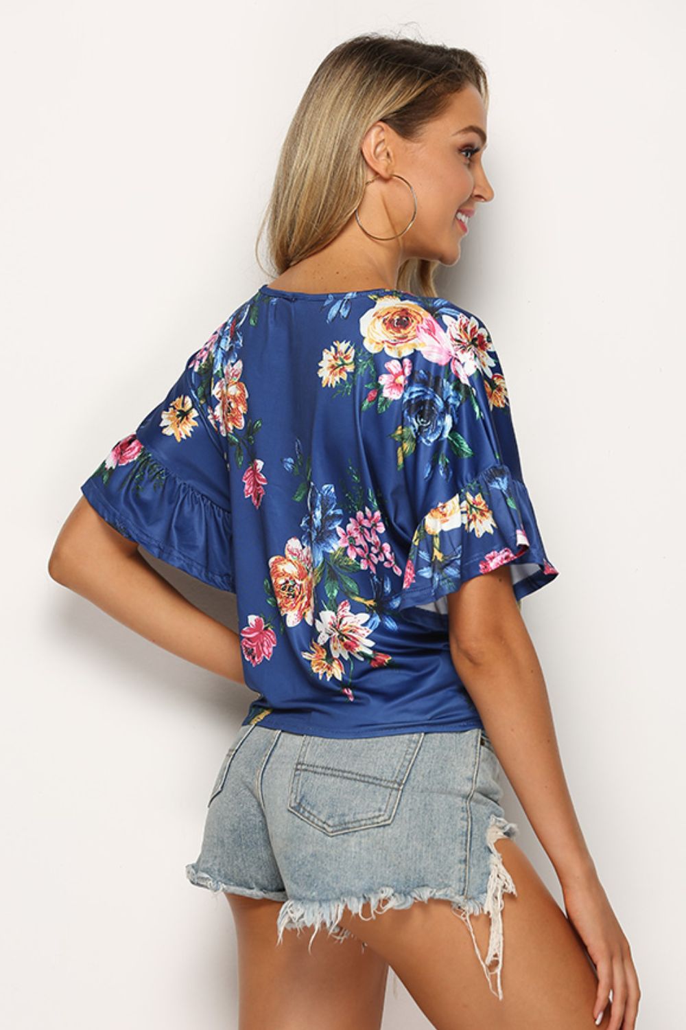 Floral Tie Hem Flounce Sleeve Top 