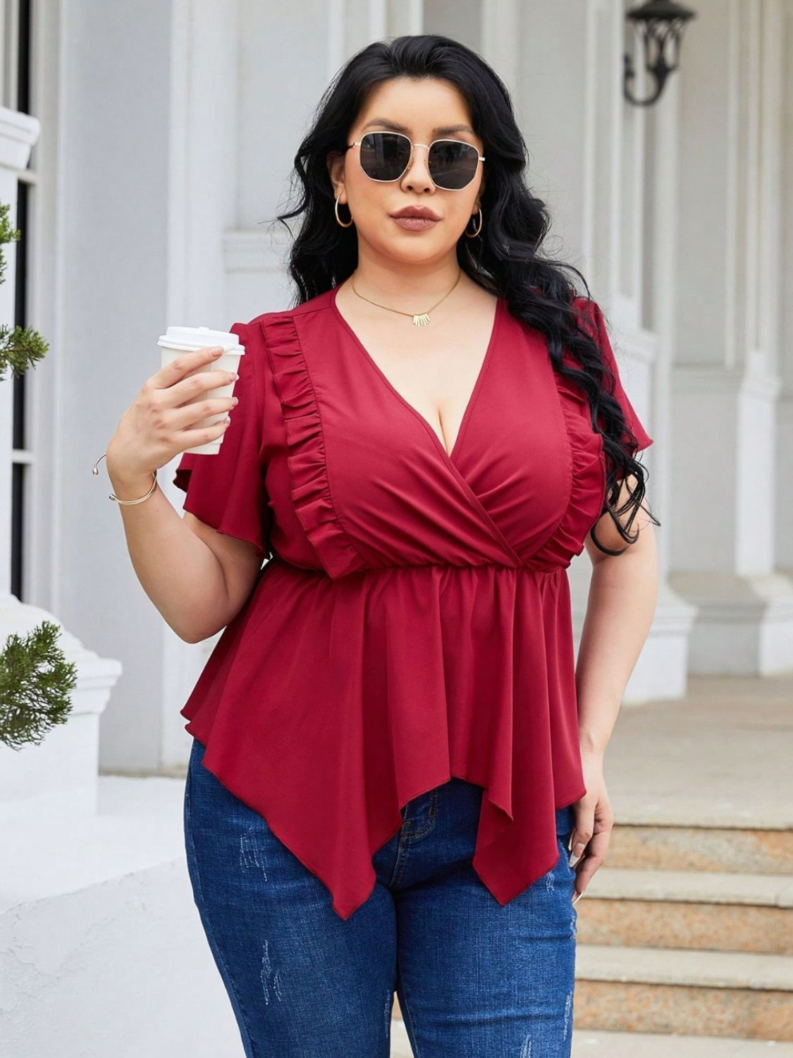 Plus Size Frill Surplice Flutter Sleeve Blouse 