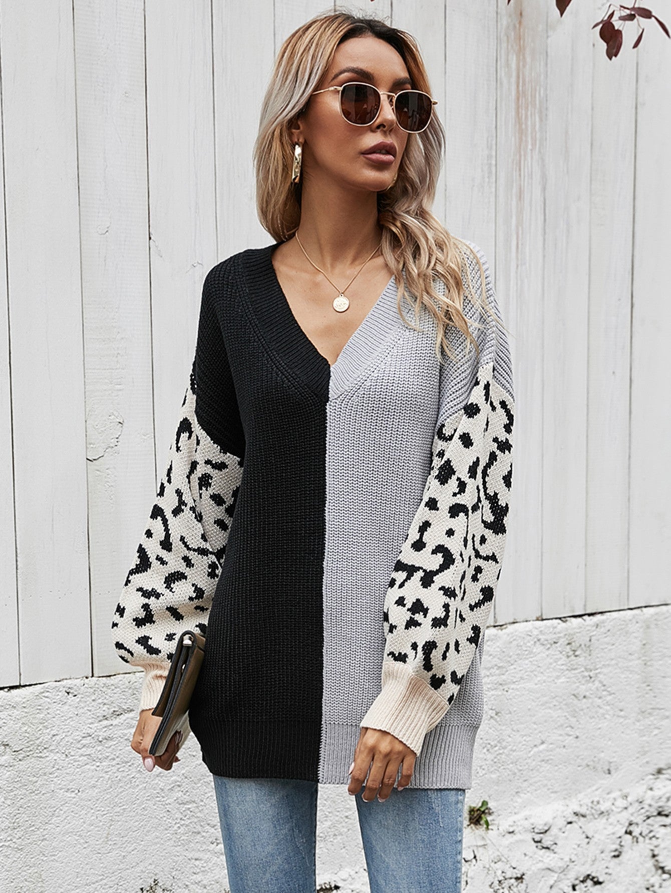 Woven Right Leopard Color Block V-Neck Tunic Pullover Sweater 