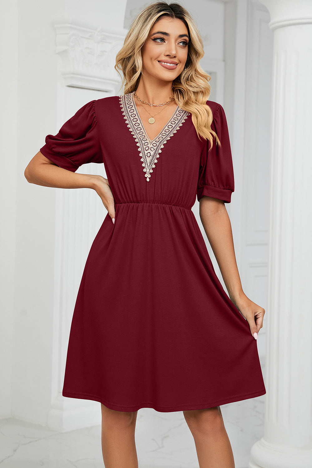 V-Neck Puff Sleeve Dress 