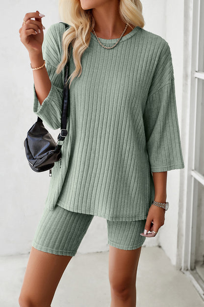 Ribbed Round Neck Top and Shorts Set