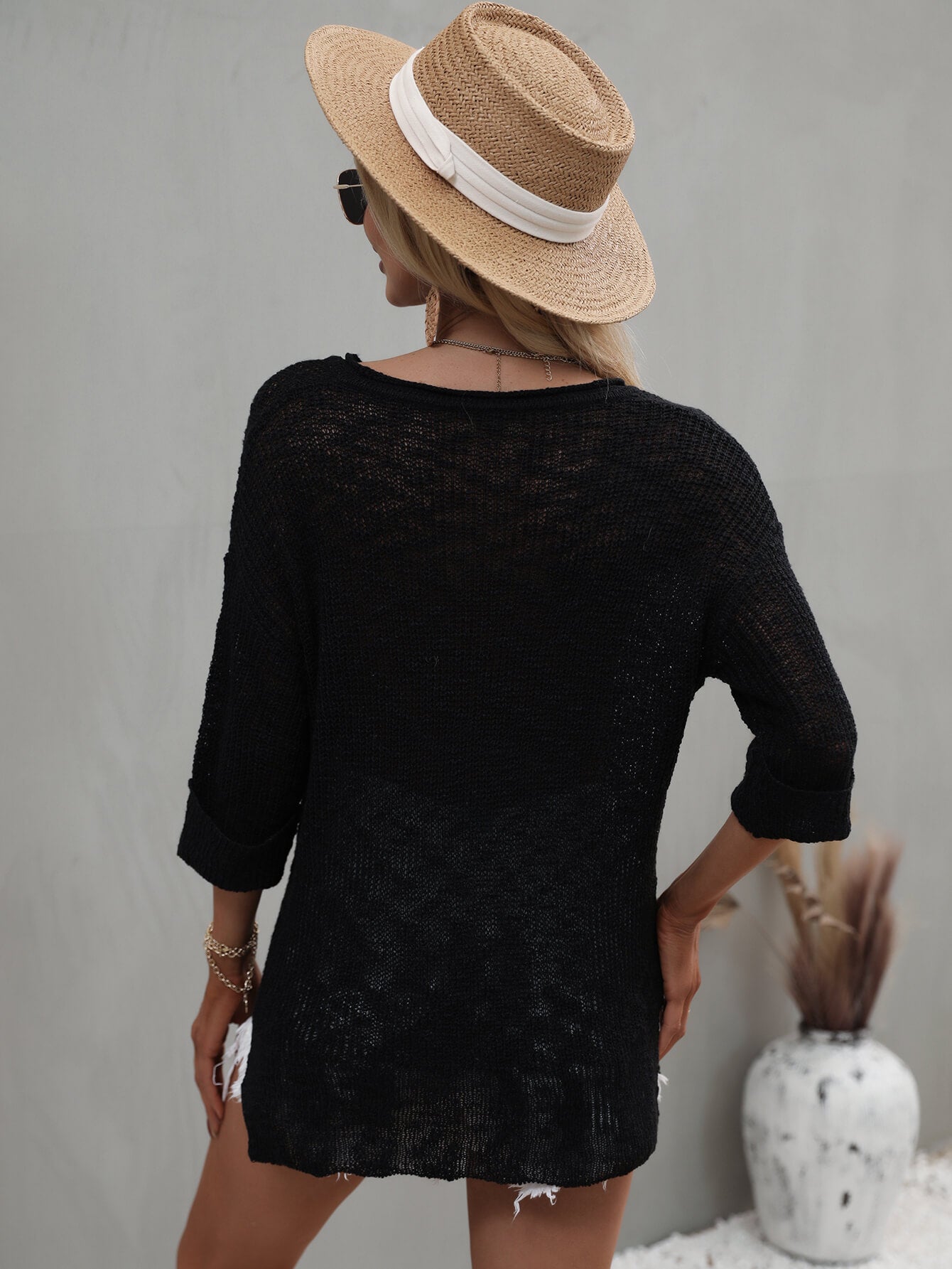 Notched Side Slit Drop Shoulder Sweater 