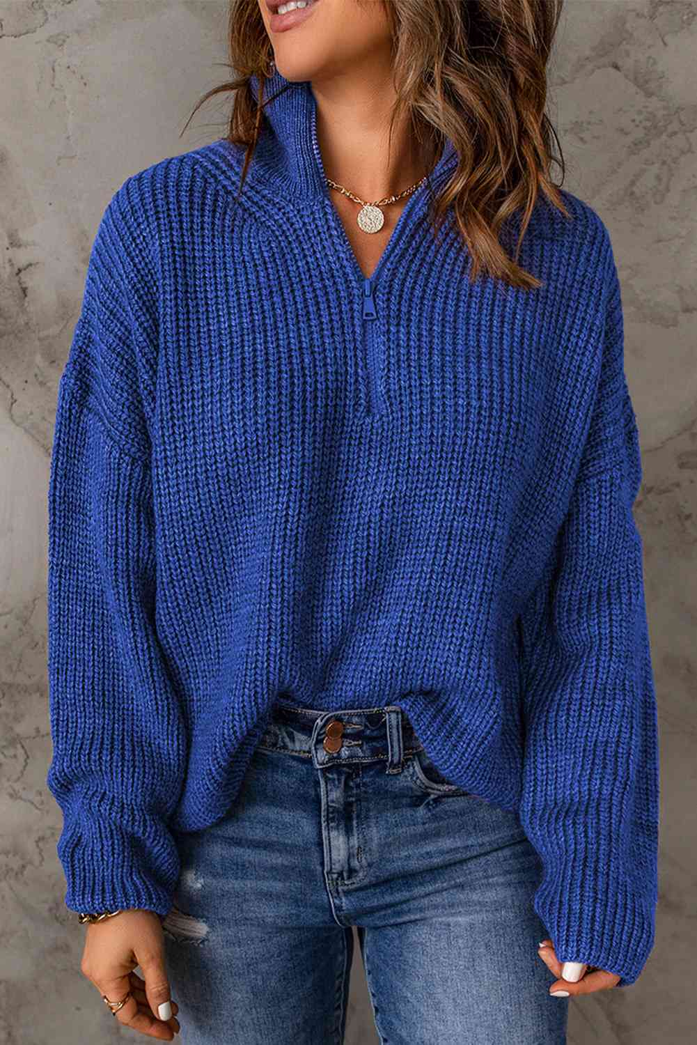 Woven Right Half Zip Rib-Knit Dropped Shoulder Sweater - Babbazon Jumper