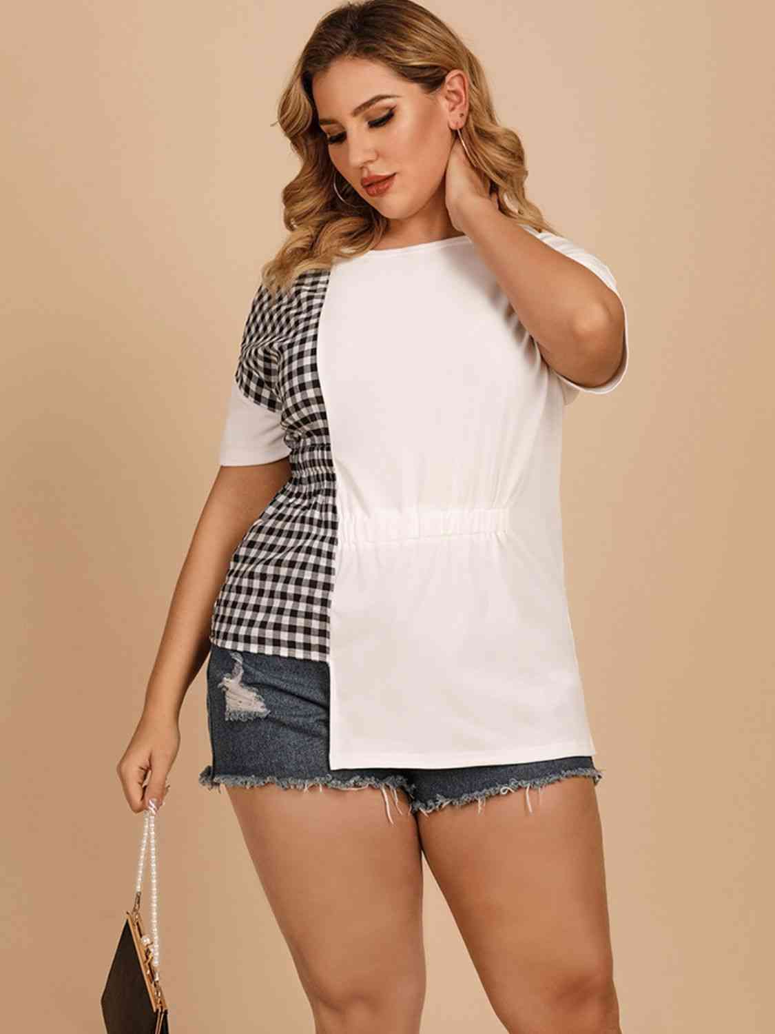 Plus Size Gingham Color Block Asymmetrical T-Shirt 