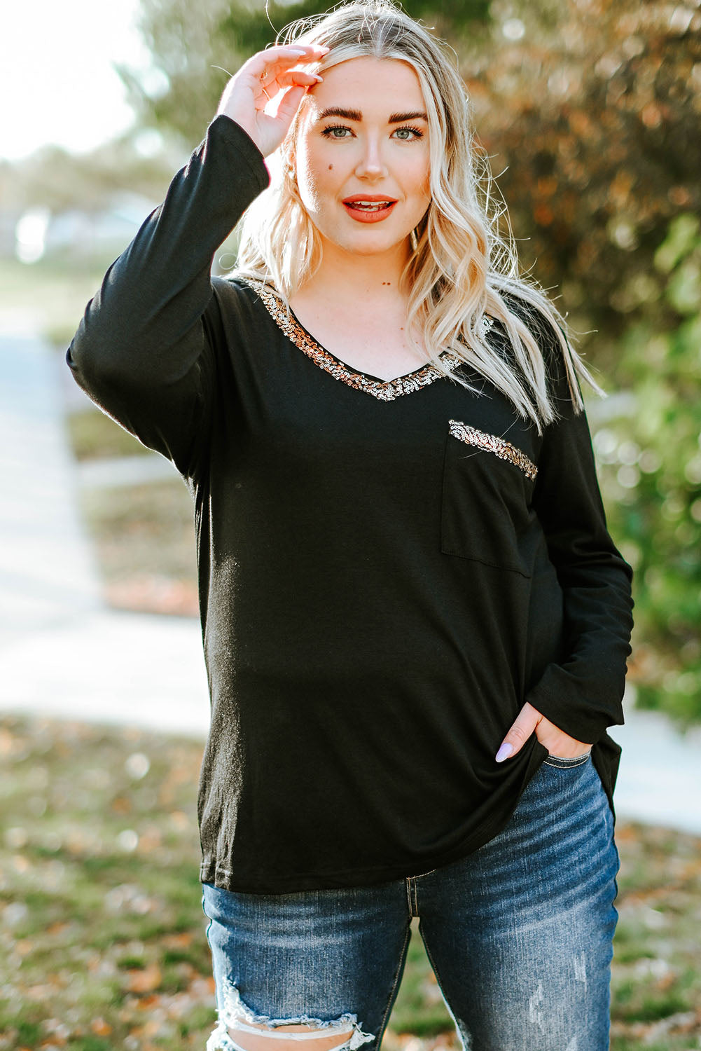 Plus Size Sequin V-Neck Long Sleeve T-Shirt 