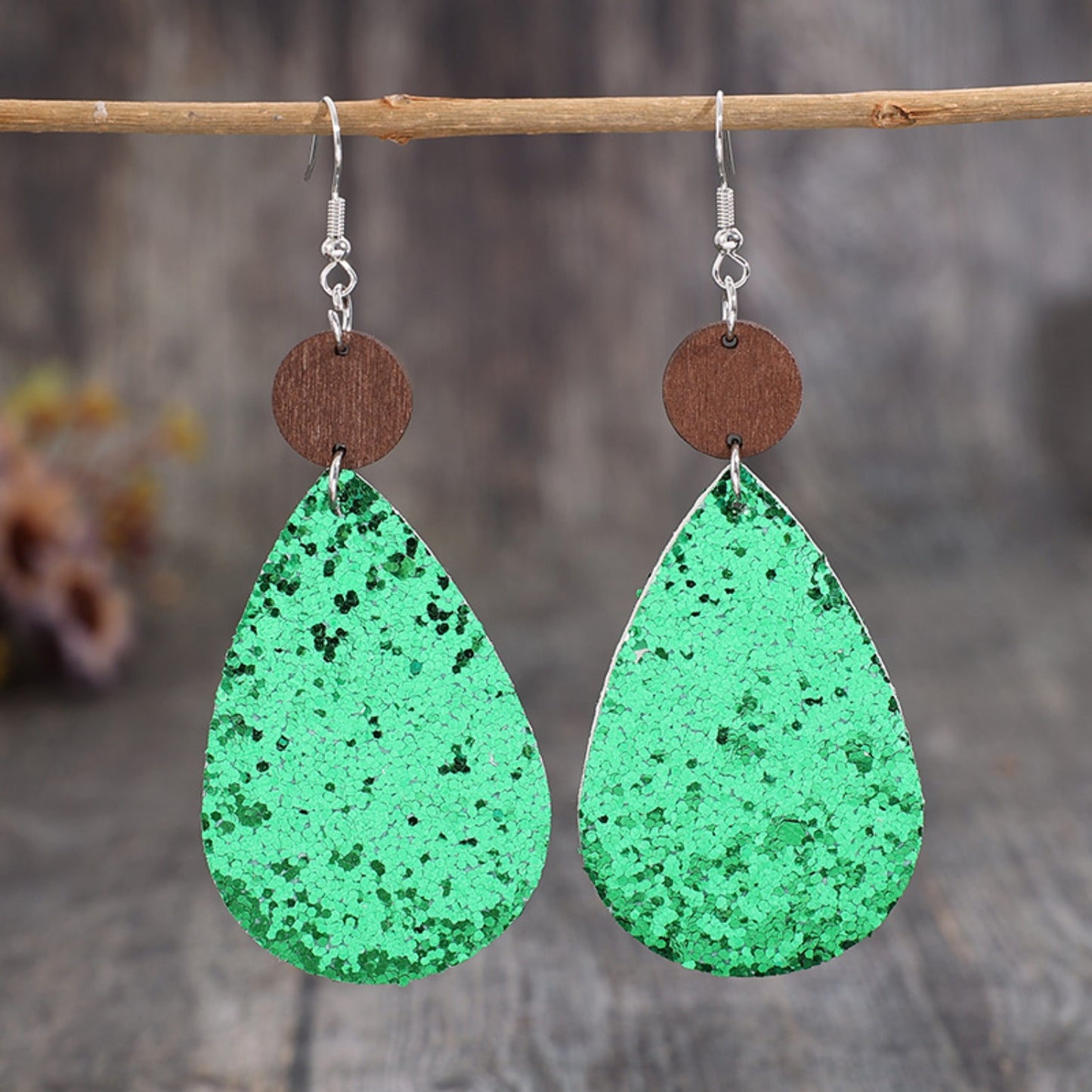 Sequin PU Leather Wooden Dangle Earrings 