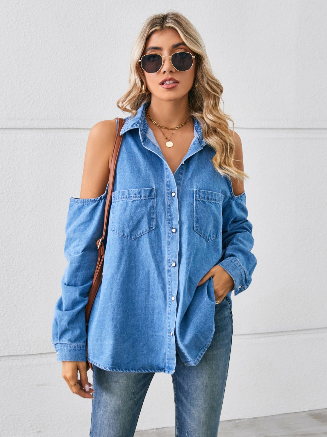 Cold Shoulder Pocketed Button Up Denim Jacket 