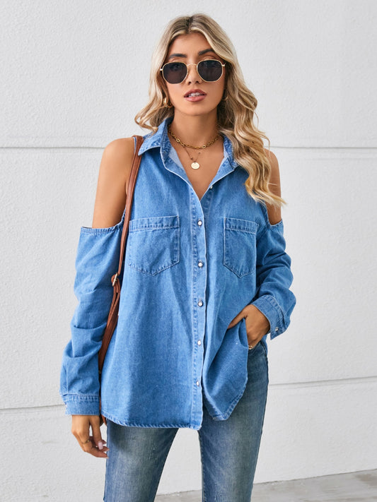 Cold Shoulder Pocketed Button Up Denim Jacket 