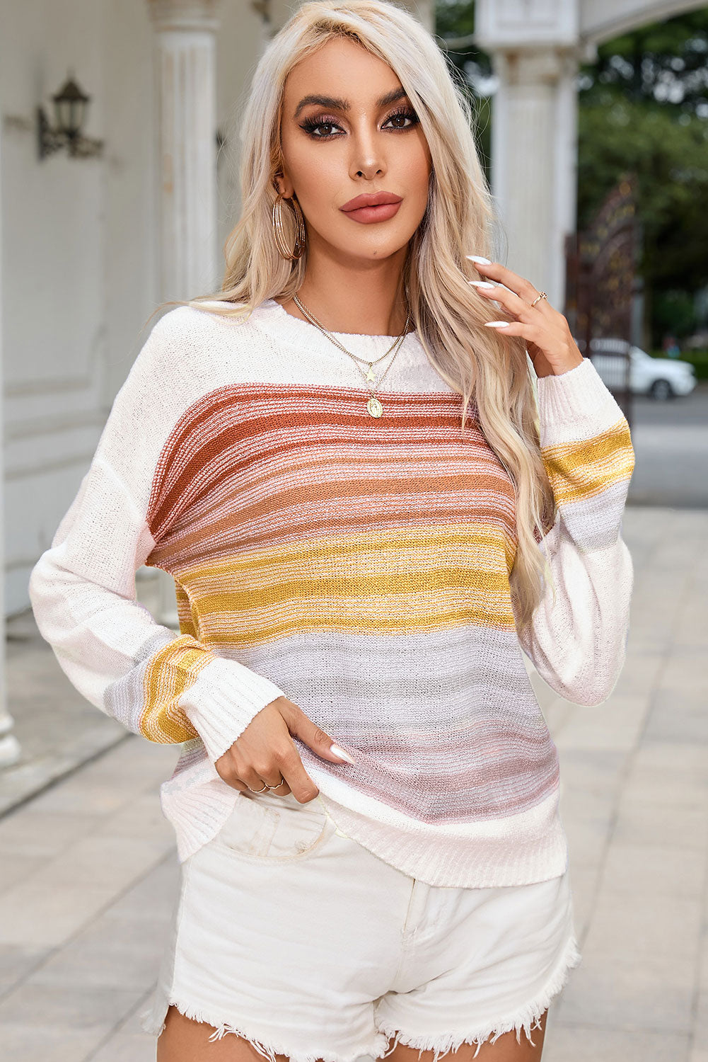 Round Neck Printed Dropped Shoulder Knit Top 