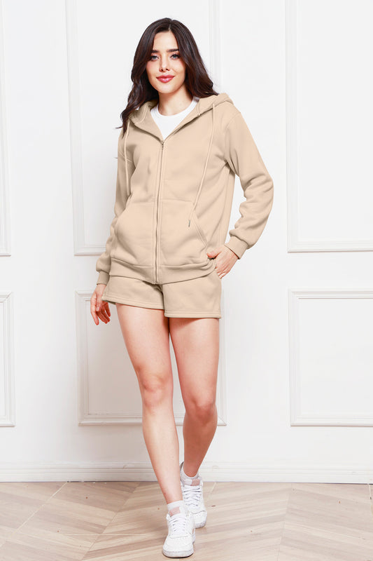 Zip Up Drawstring Hoodie and Shorts Set 