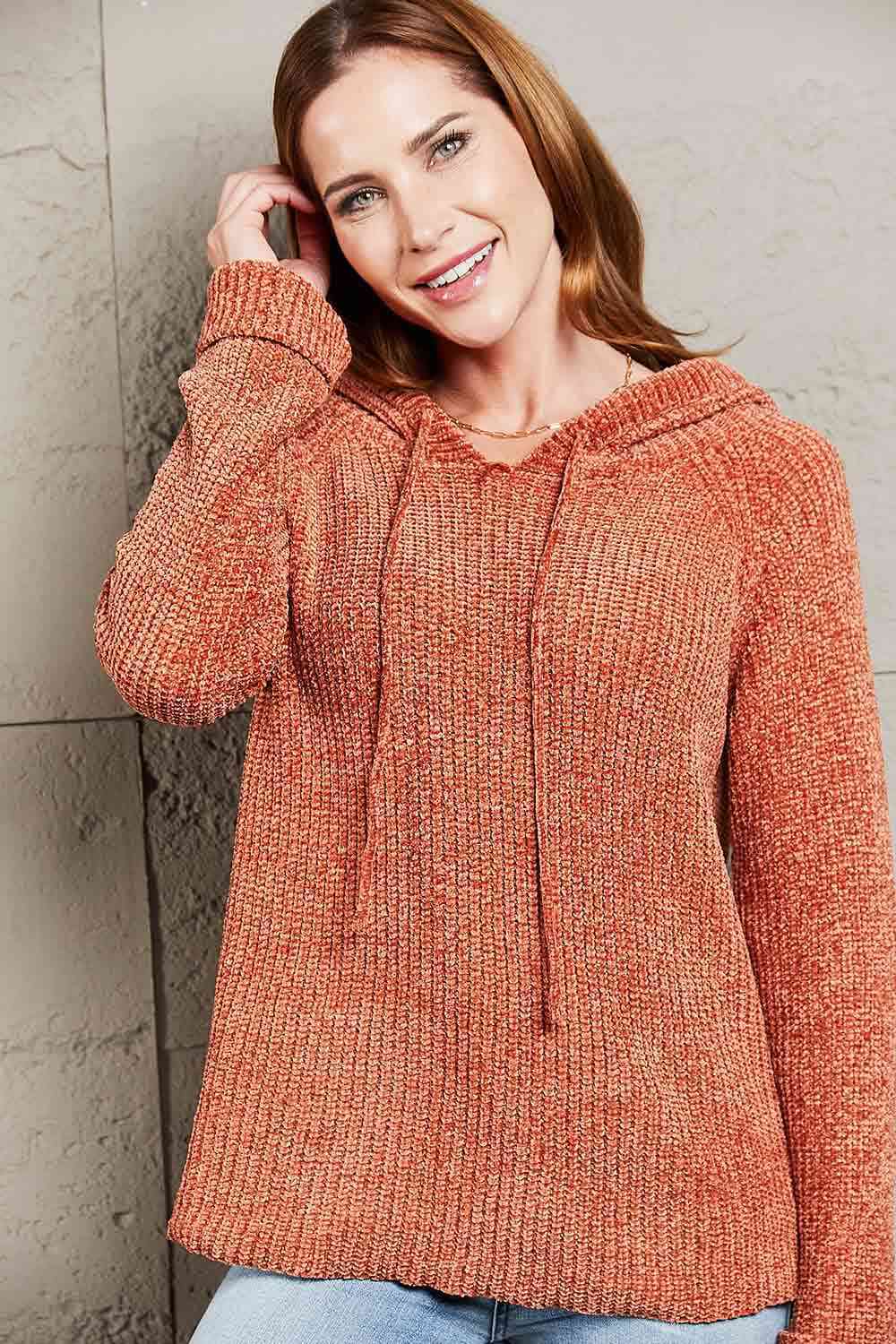 Rib-Knit Drawstring Hooded Sweater 