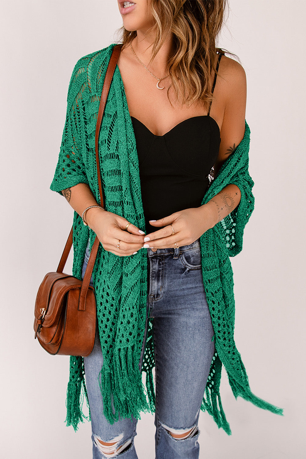 Openwork Open Front Cardigan with Fringes - Babbazon Camisole