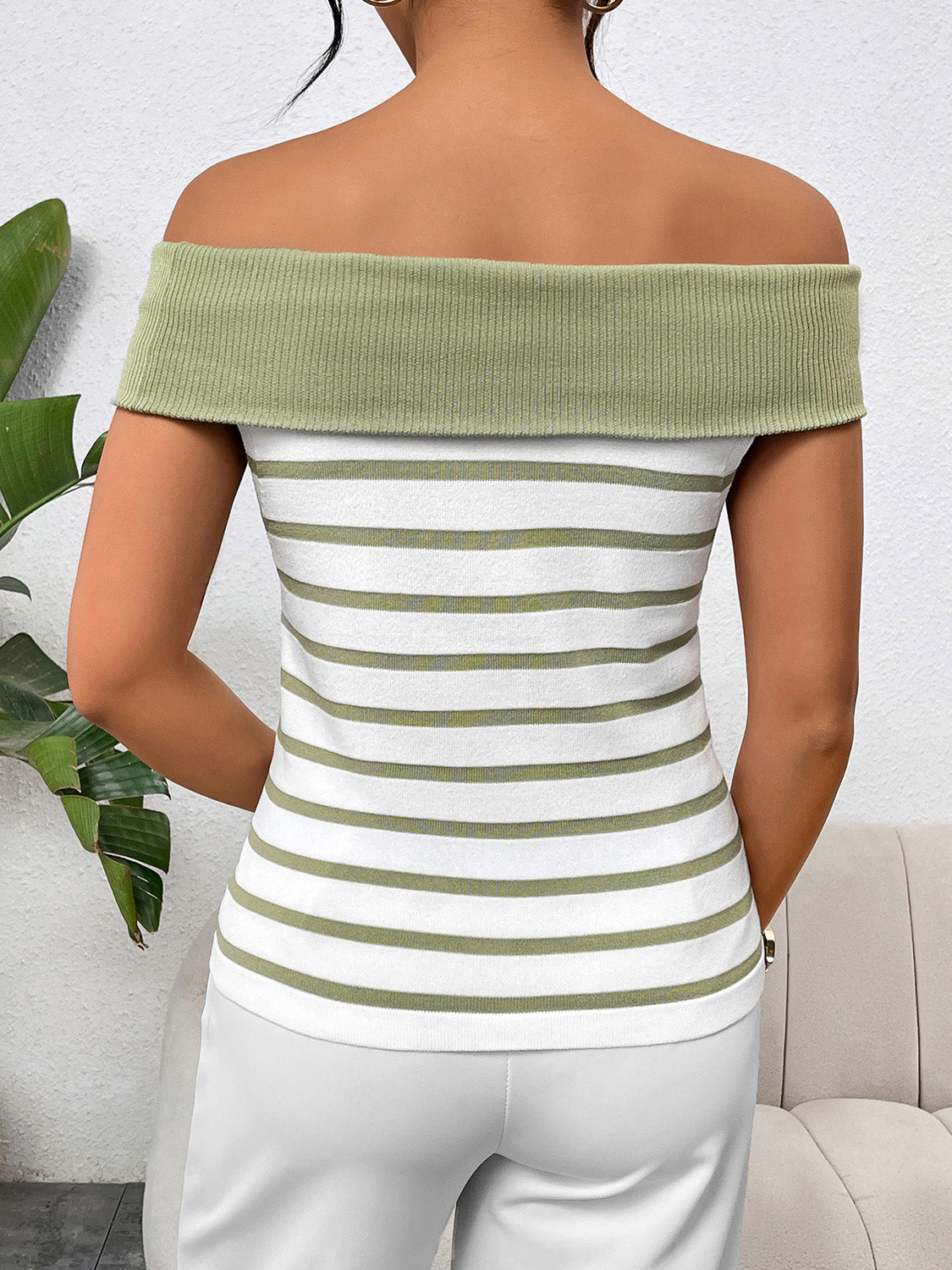 Decorative Button Striped Off-Shoulder Knit Top 