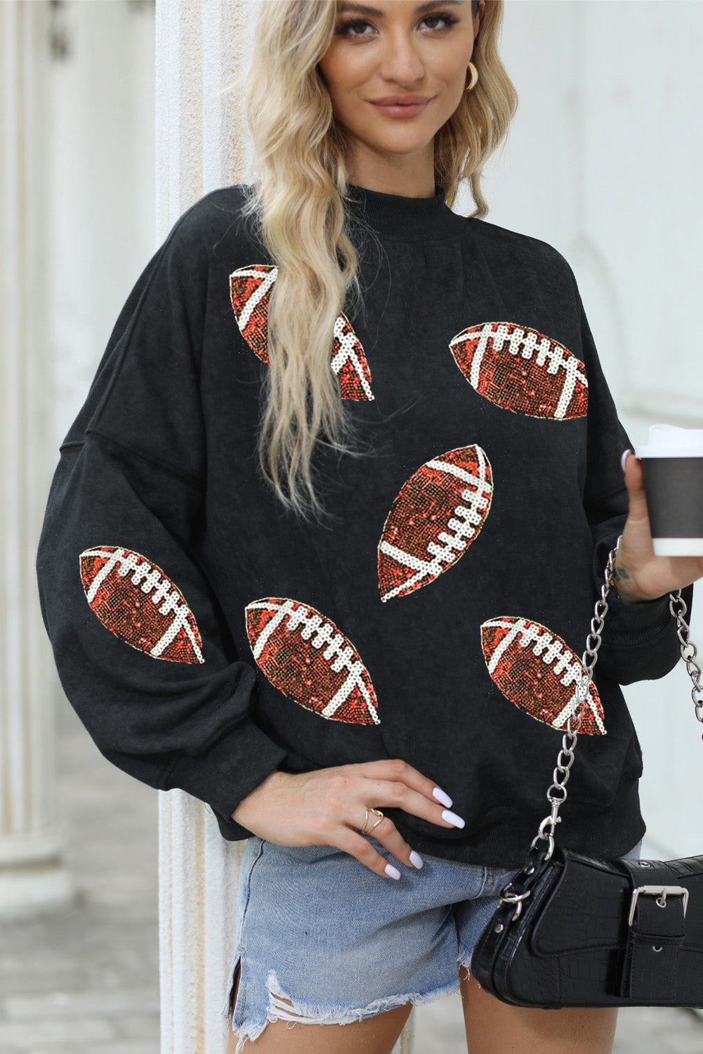 Sequin Football Patch Dropped Shoulder Sweatshirt 