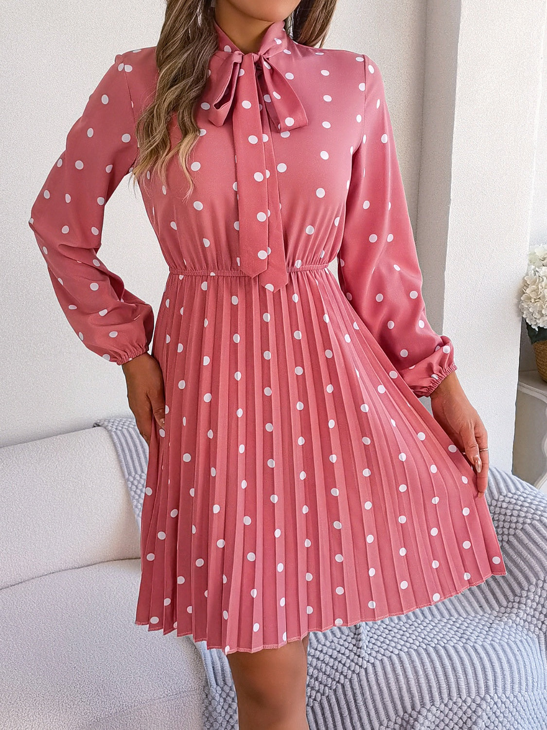 Polka Dot Tie Neck Pleated Dress 