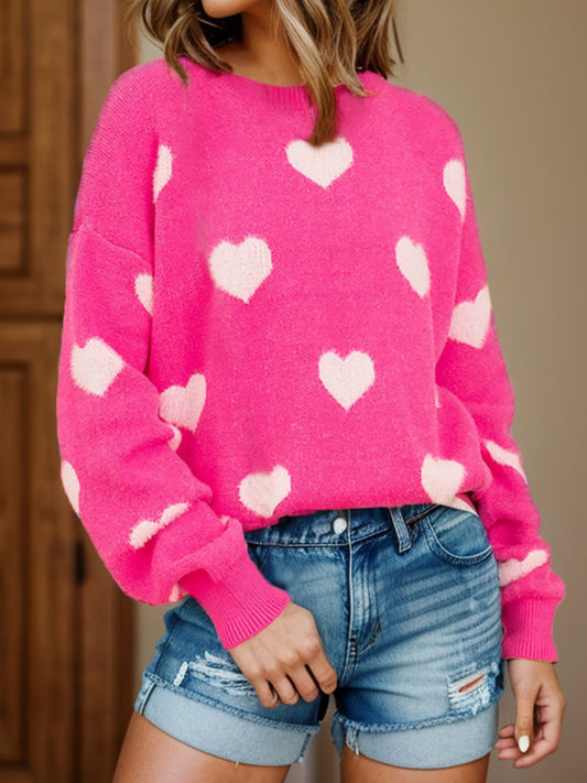 Heart Round Neck Dropped Shoulder Sweater 